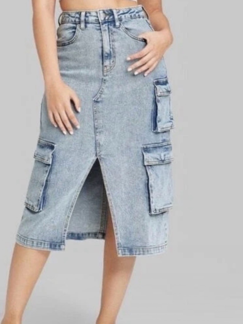 Womens XXL Denim Cargo Midi Skirt Front Slit Utility Light Wash Blue Grunge Y2K